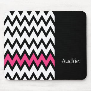 Mousepad Trendy Black and White Chevron Pink with Name