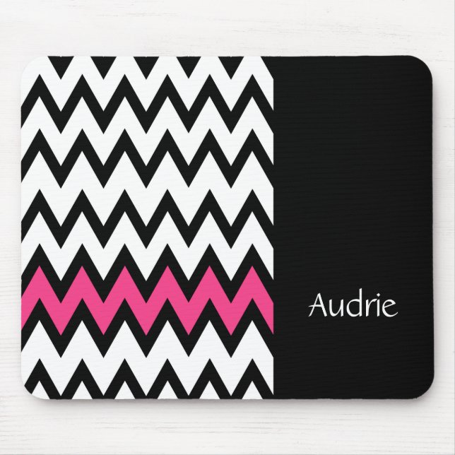 Mousepad Trendy Black and White Chevron Pink with Name (Frente)