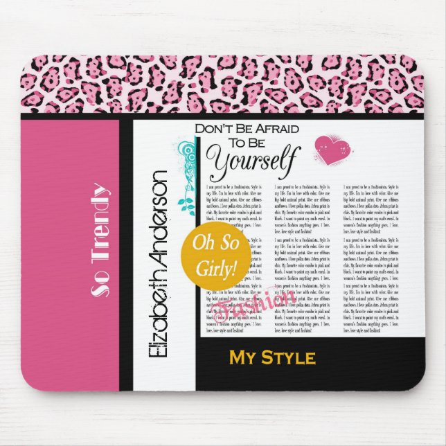 Mousepad Trendy Fashion Newsprint Rosa Leopardo e Nome (Frente)