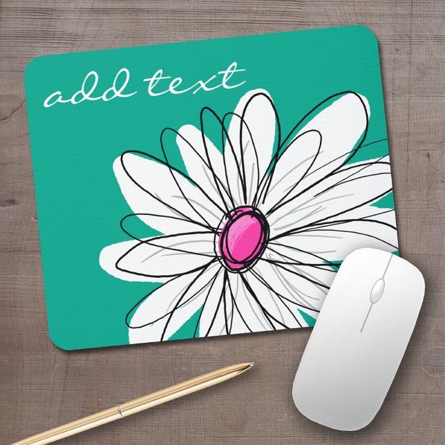Mousepad Trendy Floral Daisy Illustration - Rosa e Verde (Personalized mouse pad with your name)