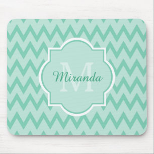 Mousepad Trendy Mint Green Chevron Zigzag Nome e Monograma
