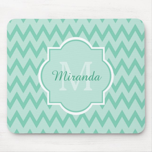 Mousepad Trendy Mint Green Chevron Zigzag Nome e Monograma (Frente)