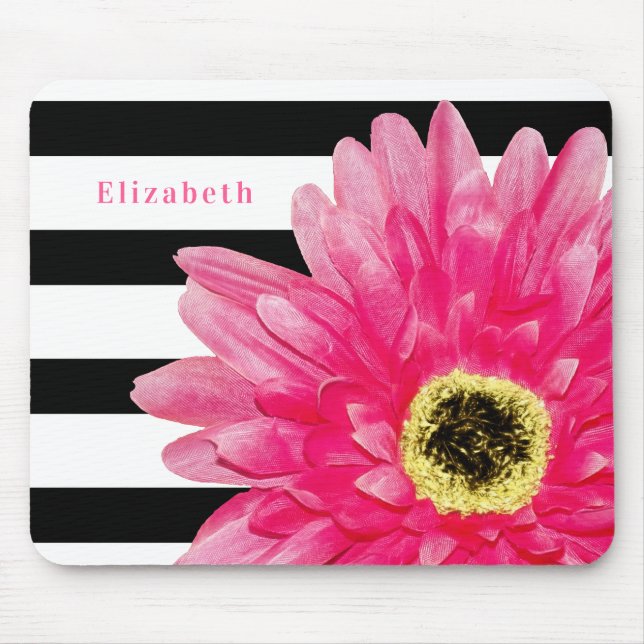 Mousepad Trendy Pink Daisy Black and White Stripes and Name (Frente)