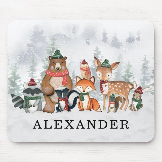 Mousepad Trendy Winter Woodland Forest Baby Animais (Frente)
