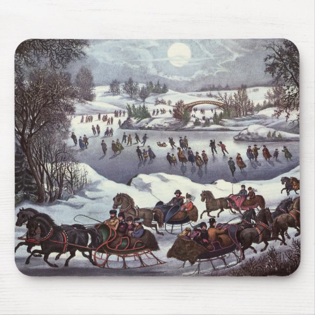 Mousepad Trenós de Natal Antigos, Parque Central no Inverno (Frente)