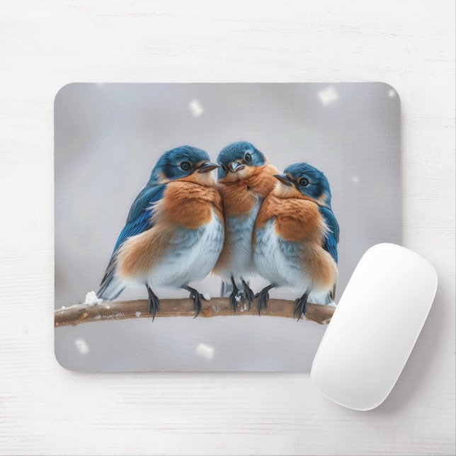 Mousepad Três Bluebird em um galho nevado (Com mouse)