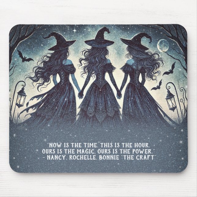 Mousepad Três Bruxas na Noite Estrelada de Halloween (Frente)