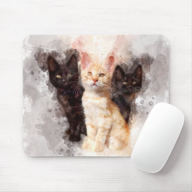 Mousepad Três gatinhos, lindos e bonitos, de aquarela (Com mouse)