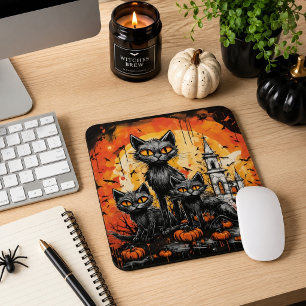 Mousepad Três Gatos Pretos Casa Assombrada de Halloween