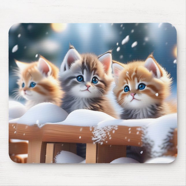 Mousepad Três Gatos Tabby Brincando na Neve (Frente)