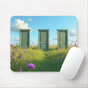 Mousepad Três portas fechadas num campo de flores selvagens