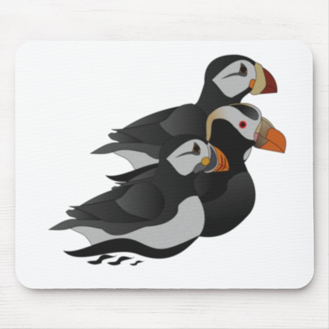Mousepad Três Puffins Adoravelmente Amáveis Nadando Cartoon (Frente)