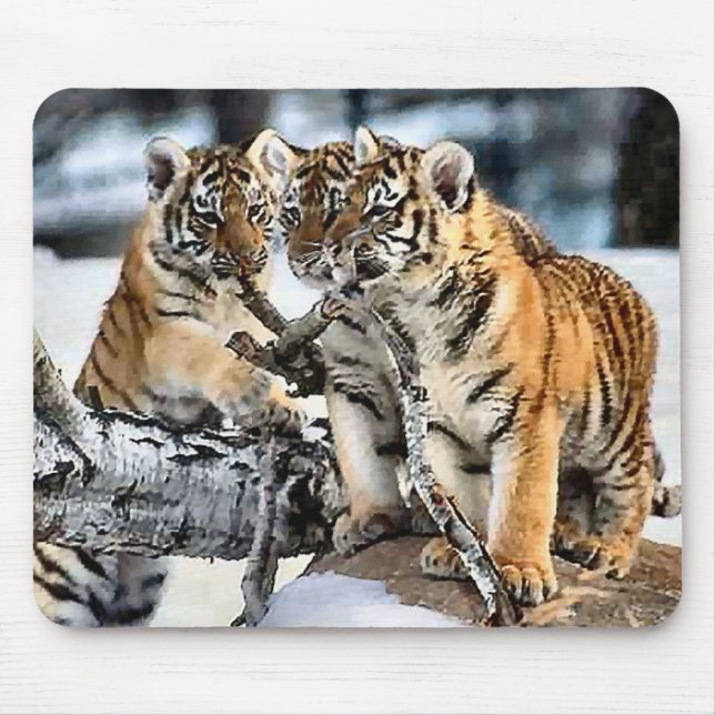 Mousepad Três tigre Cubs em presentes da arte da neve (Frente)