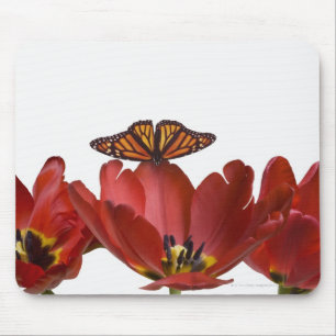 Mousepad Três tulipas vermelhas e uma borboleta de monarca