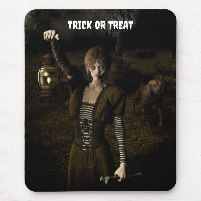 Mousepad Trick or Treat. Thin female carrying lamp (Frente)