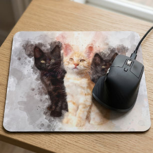 Mousepad Trio de Aquarela de Lindos Gatinhos Pretos e Laran