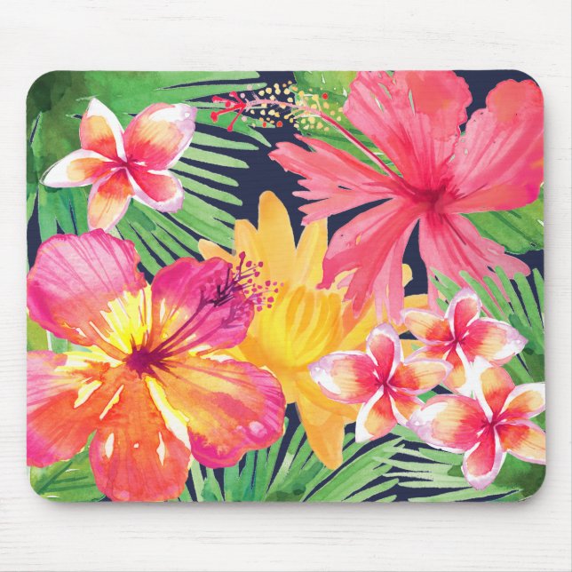Mousepad Tropical Floral Rosa Hibiscus Plumeria Marinho Azu (Frente)