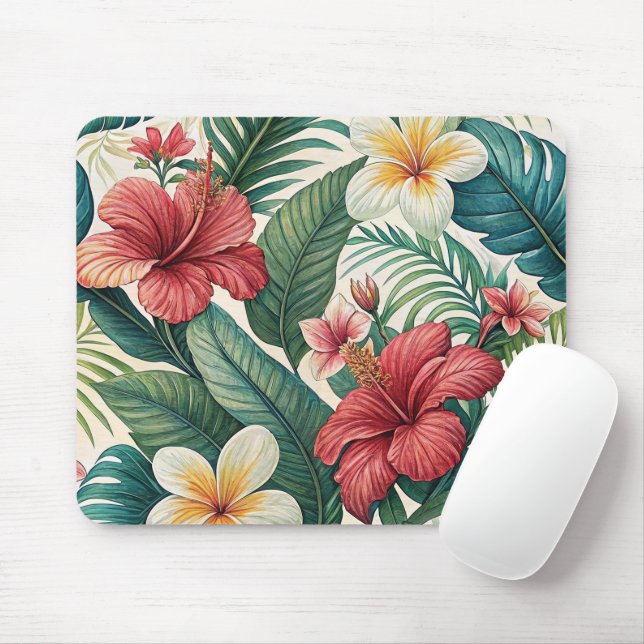 MOUSEPAD TROPICAL RED AND YELLOW HIBISCUS FLORAL BLOOMS (Com mouse)
