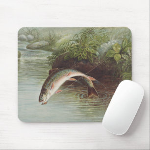 Mousepad Truta de riacho saltando em gravura antiga de pesc