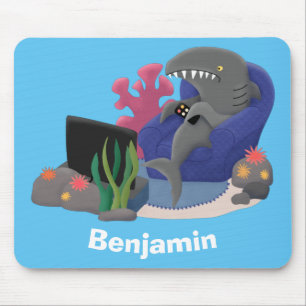 Mousepad Tubarão engraçado assistindo desenhos animados n