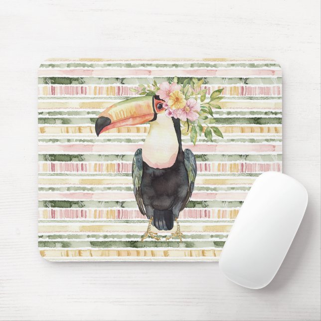 Mousepad Tucano Pássaro Rosa Listras Verdes (Com mouse)