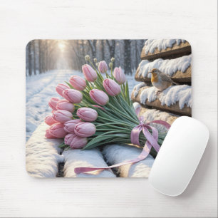 Mousepad Tulip cor-de-rosa e Robin em um banco de neve