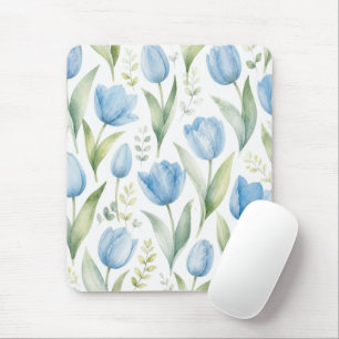 Mousepad Tulipas Azuis Pintura Floral Aquarela Botânica