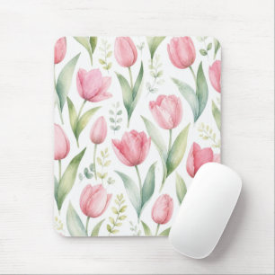 Mousepad Tulipas Rosa Pintura Floral Aquarela Botânica