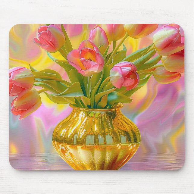 Mousepad Tulipas Rosa Vibrantes em Vase Ouro (Frente)