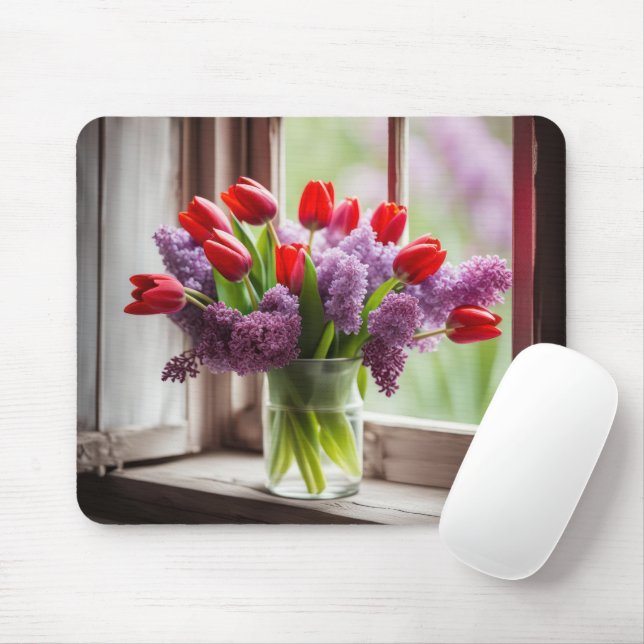 Mousepad Tulipas Vermelhas e Buquê Lilac (Com mouse)