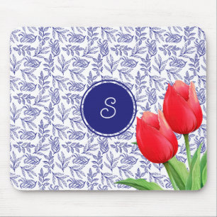 Mousepad Tulipas Vermelhas Elegantes Monograma Azul Floral