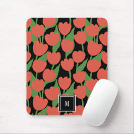 Mousepad Tulipas vermelhas retro, monograma personalizado