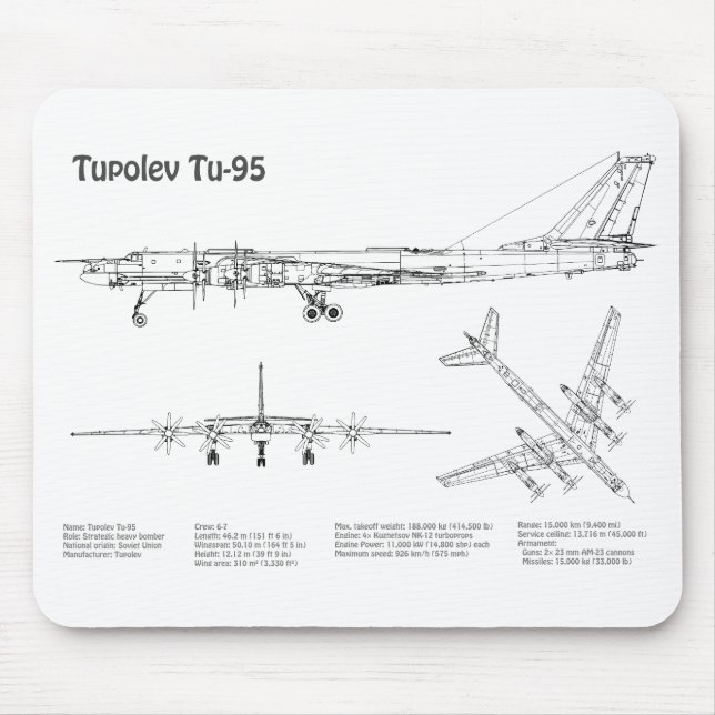 Mousepad Tupolev Tu-95 - Planos Blueprint do avião BD (Frente)