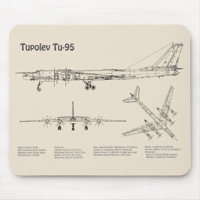 Mousepad Tupolev Tu-95 - Planos de Impressão de Avião SD (Frente)