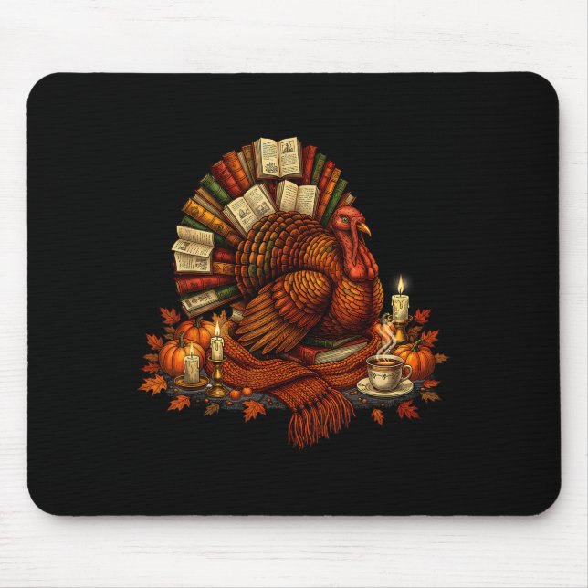 Mousepad Turkey Reading Books Fall Season Thanksgiving Teac (Frente)