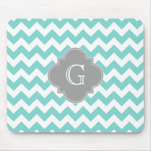 Mousepad Turq / Aqua White Chevron Cinza Quatrefoil Monogra