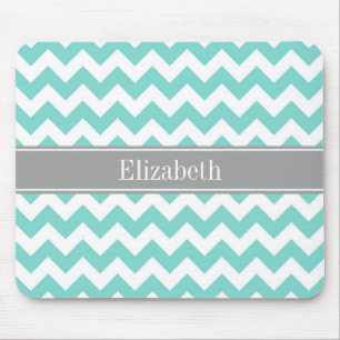 Mousepad Turq / Aqua Wht Chevron Cinza Monograma Nome