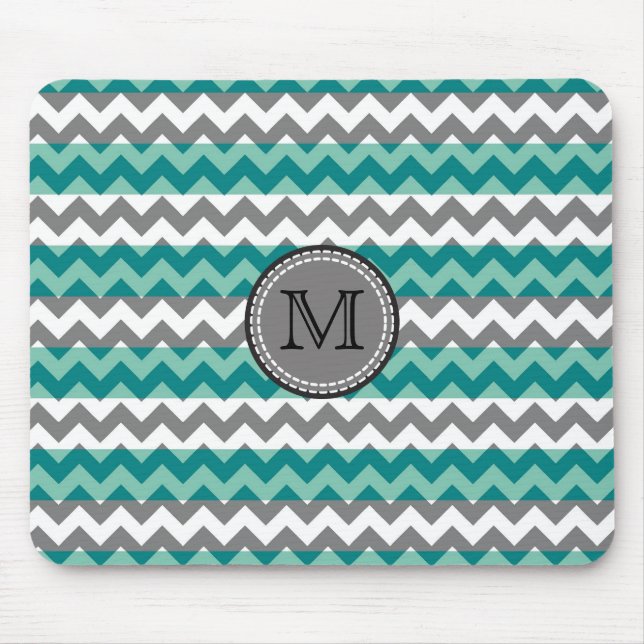 Mousepad Turquesa e Cinza Chevron Zigzag Monograma #2 (Frente)