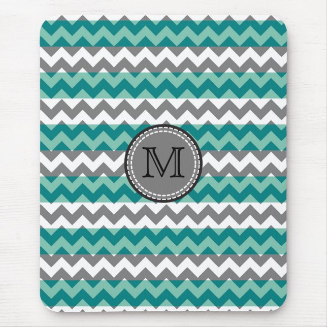 Mousepad Turquesa e Cinza Monograma Ziguezague Chevron (Frente)