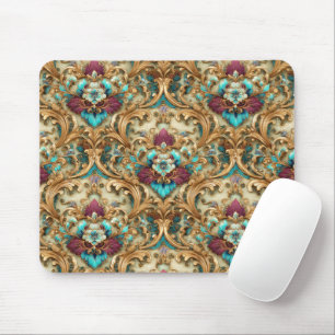 Mousepad Turquesa e Dourado Damask Ornamentado