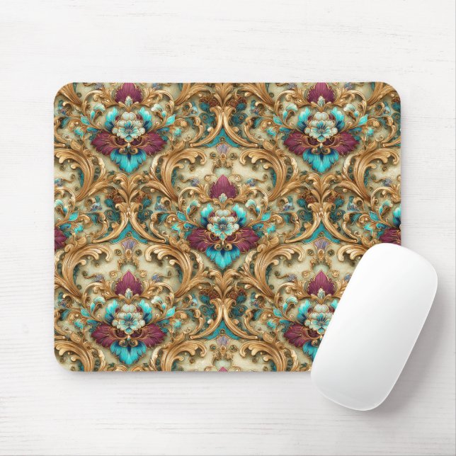 Mousepad Turquesa e Dourado Damask Ornamentado (Com mouse)