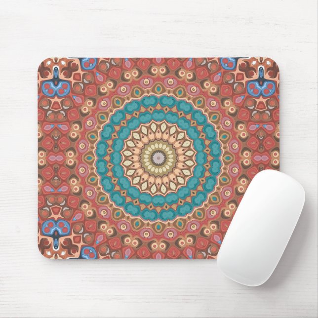 Mousepad Turquesa e Terracota Padrão Geométrico de Mandala (Com mouse)