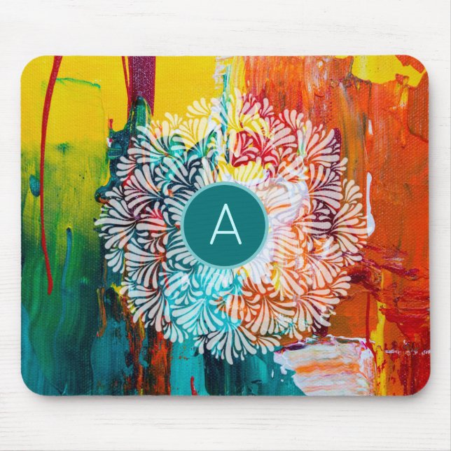 Mousepad Turquesa Monograma Abstrato pintura Mandala (Frente)