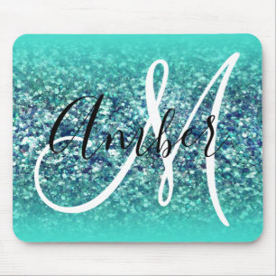 Mousepad Turquesa Ómbre Teal Blue Glam Glitter Monograma