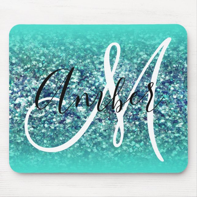 Mousepad Turquesa Ómbre Teal Blue Glam Glitter Monograma (Frente)