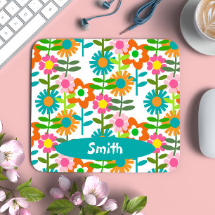 Mousepad Turquesa Retro E Flores Laranja