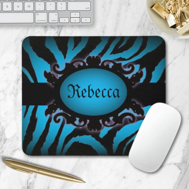 Mousepad Turquesa Zebra Zebra sofisticada Monograma impress (Sophisticated turquoise Zebra Print monogram Mouse Pad)