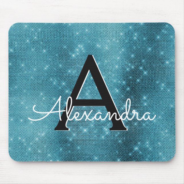 Mousepad Turquoise Blue Sparkle Girly Monographic Name (Frente)