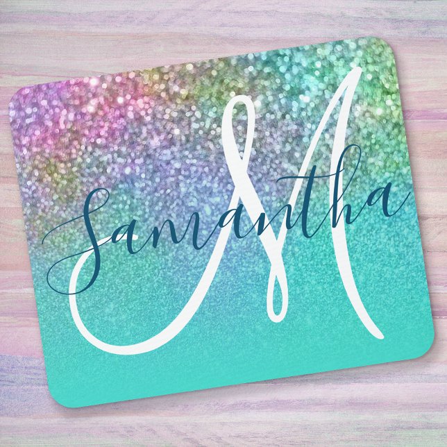 Mousepad Turquoise Ombre Colorful Mermaid Glitter Monogram (Criador carregado)