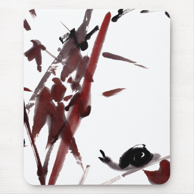 Mousepad Tuschekunst mit Schnecke und Rotem Bambus (Frente)